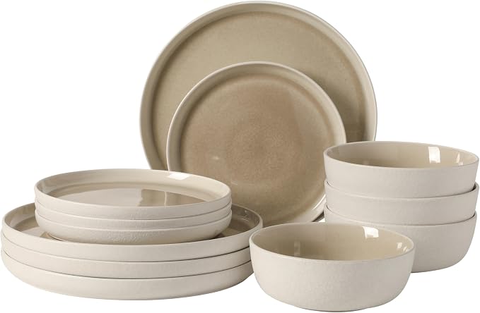 Gibson Elite Tahoe Sunset 12-Piece Reactive Stoneware Dinnerware Set – Matte Exterior & Shiny Interior Plates and Bowls, Durable Everyday Dish Set, Microwave & Dishwasher Safe - Taupe