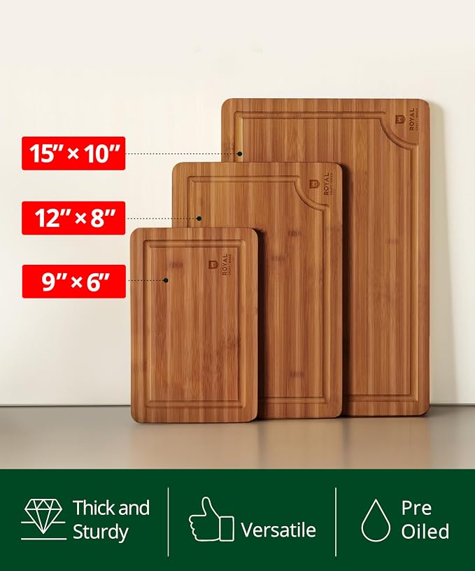 ROYAL CRAFT WOOD Wooden Cutting Boards for Kitchen Meal Prep & Serving - Bamboo Wood Serving Board Set with Deep Juice Groove Side Handles - Charcuterie & Chopping Butcher Block for Meat