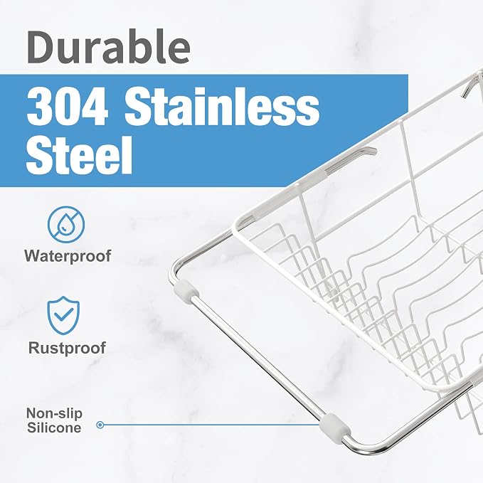 JASIWAY White Dish Drying Rack in Sink with Mat, Cups and Utensil Holder | Use Over the Sink or Counter, Stainless Steel Expandable Dish Drainer for Small Kitchen, Space Saving, Fast Drain, Rustproof