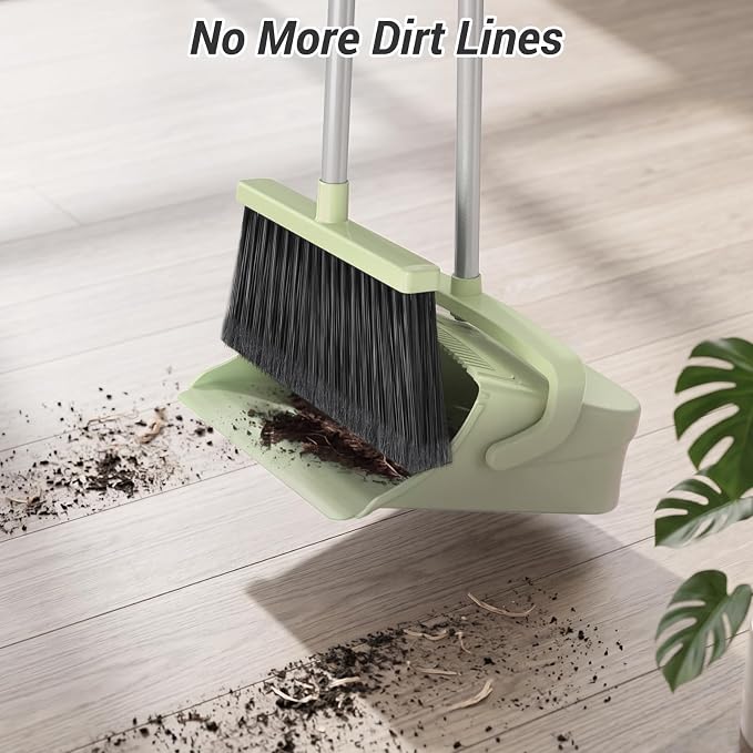 Broom with Dustpan Combo Set, Long Handle Upright Standing Self-Cleaning Broom and Dustpan Set for Pet Hair & Dust Cleanup, Indoor Outdoor Use for Home, Kitchen, Office, Green