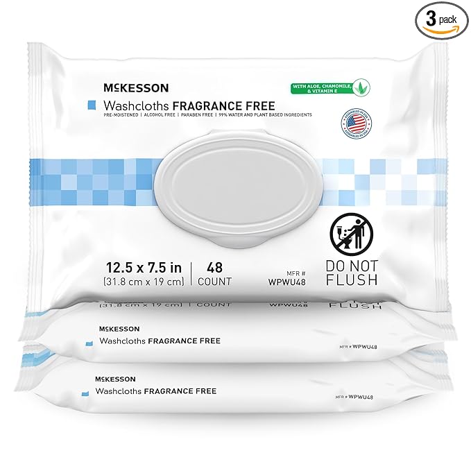McKesson Washcloth Wipes, Unscented - Disposable Wet Wipes for Adults - Fragrance-Free, Paraben-Free - No-Rinse Formula, 48 Count, 3 Packs, 144 Total