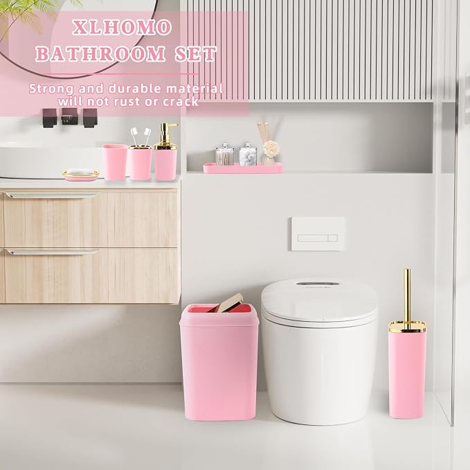 XLHOMO Bathroom Set, 9PC Bathroom Accessory Set, Pink Bathroom Accessories, Pink Bathroom Set, Trash Can, Soap Dispenser for Home Decor