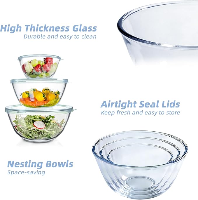 WhiteRhino Glass Mixing Bowls Glass Bowls with Lids Set(4.5QT,2.7QT, 1.1QT),Large Salad Bowls,glass mixing bowl Space-Saving Nesting Storage bowls for Cooking,Baking,Prepping,Dishwasher Safe