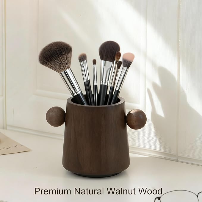 Walnut Wooden Makeup Brush Holder, Rotating Pencil Holder for Desk