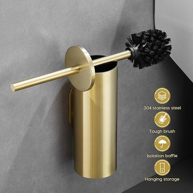 Gold Brushed Stainless Steel Toilet Brush and Cover, No-Punch Hook Base Dual Purpose Toilet Brush Holder with Removable Inner Bucket and Splash Cover - Soft Bristles (Brushed Gold)