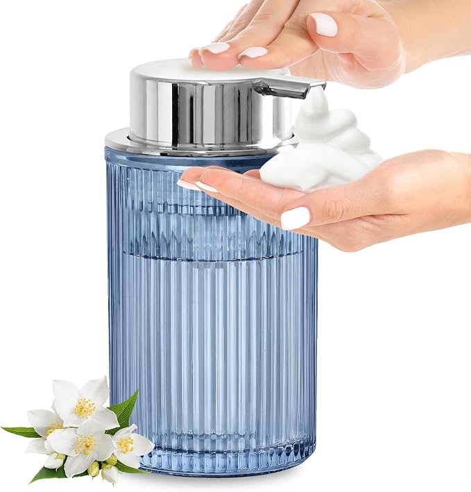 KASUNTING Blue Glass Foaming Soap Dispenser, Ribbed Foam Hand Soap Dispenser for Bathroom, 11 Fl Oz Refillable Foaming Pump Bottle with Black Pump, Modern Dish Soap Foam Dispenser