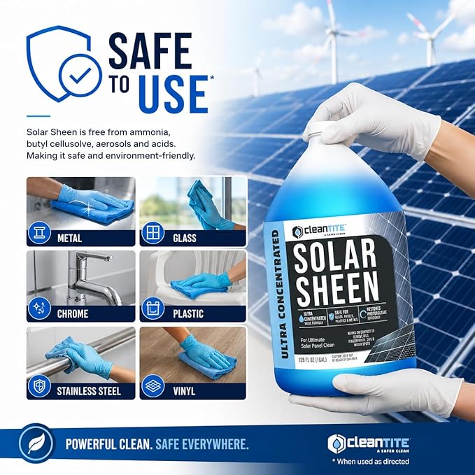 Solar Panel Cleaner 1 Gallon (Makes 512 G) - Super Concentrated Cleaning Solution for Glass, Metal, Wood & Plastic - Remove Oil, Fingerprint & Water Spots - Multipurpose Solar Panel Cleaning