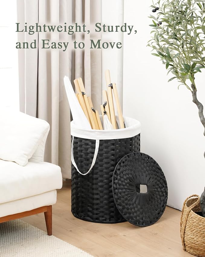 SETVSON Laundry Hamper with Lid 23.8 Gal Handwoven Laundry Basket Black | The lid hides dirty clothes, keeping spaces neat and fresh. 90 L Large Capacity, Stylish Design with Handles Easy Transport