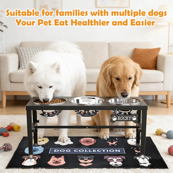 3-in-1 Elevated Dog Feeder with 3 Stainless Steel Bowls, Heavy Iron Stand, Custom Name Plate, Non-Slip Mat - Easy Clean for Multiple Dogs