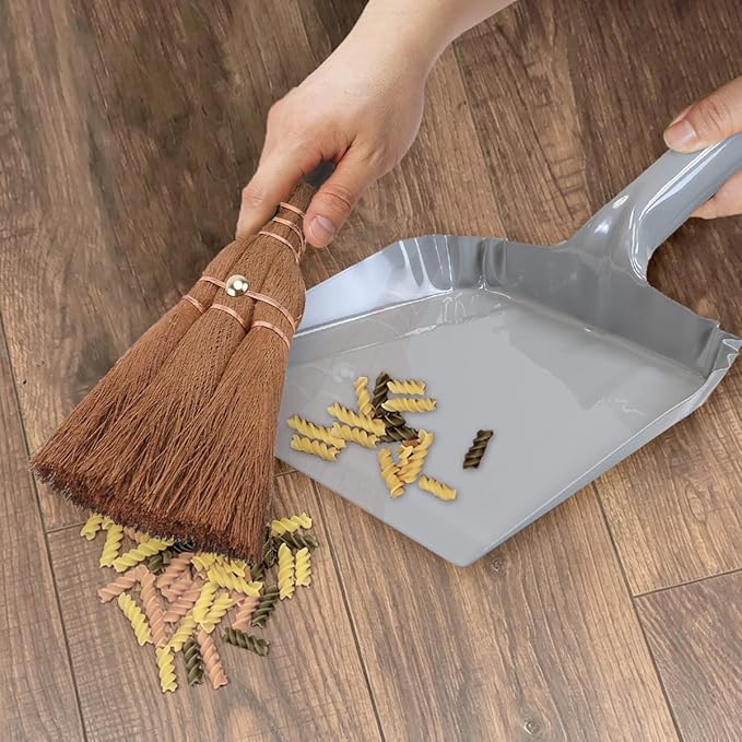 Metal Dust Pan and Brush Set Wooden Hand Broom, Handheld Dustpan for Fireplace, Garage, Workshop, 9" Wide