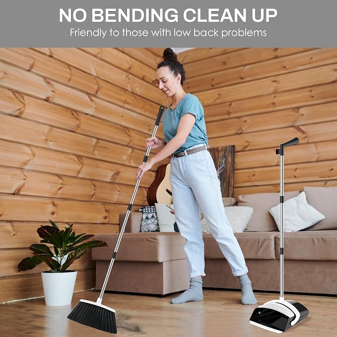 Broom and Dustpan Set for Home, 51-in Long Adjustable Handle Angle Broom and Dustpan Combo Set with Dust Pan Teeth to Clean Hair for Home Kitchen Office Lobby Floor Garden (Black&White)