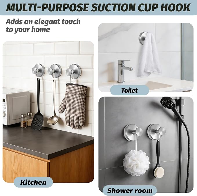 Large 15lb Suction Cup Hooks for Shower, No-Drill Bathroom Towel Hooks for Robes, Loofah, Removable Mountable on Glass, Tile, Mirrors, Smooth Non-Porous Surfaces(4, Brushed Nickel)