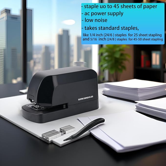 Electric Stapler for Desk, 45 Sheet Capacity Automatic Stapler Desktop, Office Staplers Electric, AC Operated Staplers Heavy Duty Office Use with 1,000 Staples & Staple Remover, Black