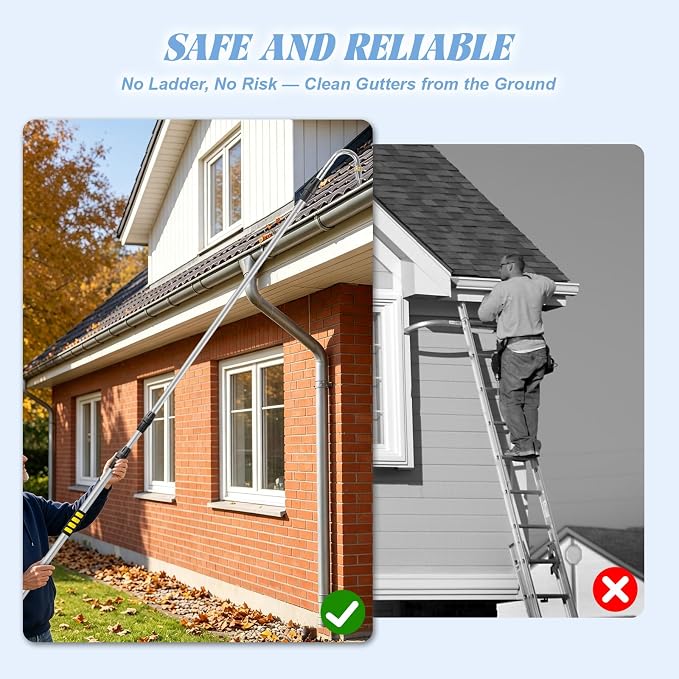 24FT Reach Gutter Cleaning Tools from Ground, 16FT Telescoping Rain Gutter Cleaner with 360° Rotating Metal Nozzle, Brass Shut-Off Valve, Leak-Proof Hose Attachment for Garden Hose