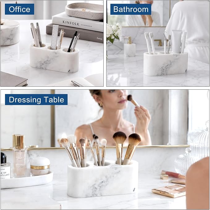 BCS Toothbrush Holder for Bathrooms, 3 Slots Marble Toothbrush Organizer, Makeup Brush Stand Toothbrush Storage Collection for Bathroom Countertop Vanity Organization - Grigio Fantasy
