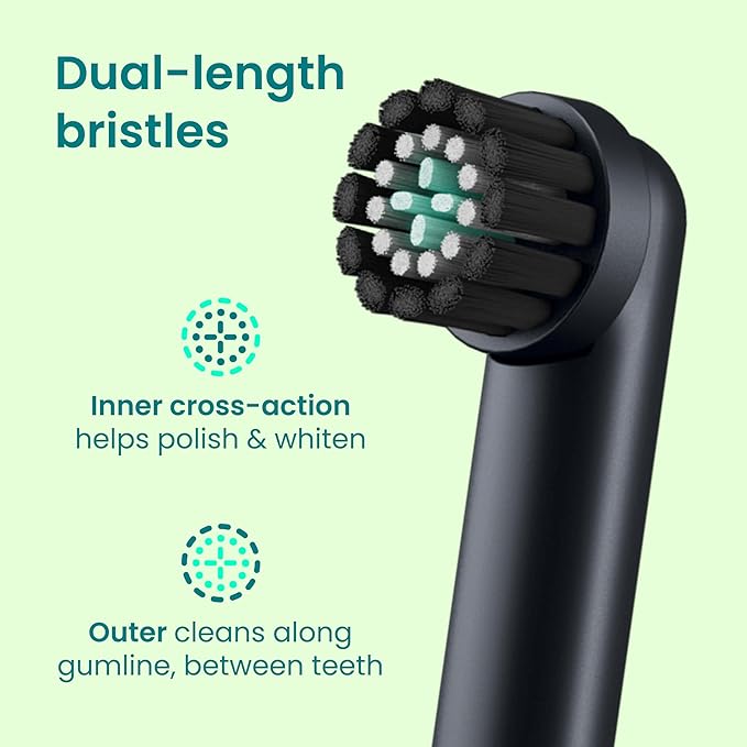 quip Rev Oscillating Electric Toothbrush Heads - 4 Pack - Verified quip Brush Head Refills for Oscillating Toothbrushes - Soft Bristles, Dual-Length, Compact - Last 3 Months Each - Black