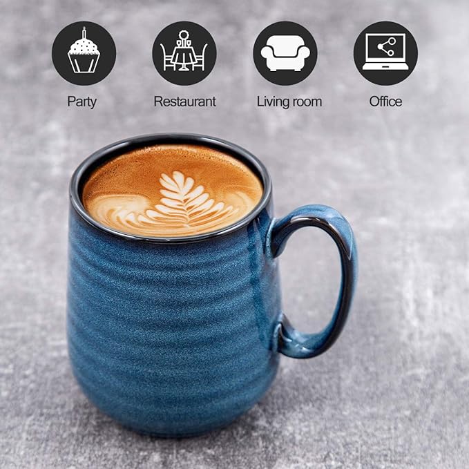 HASENSE Coffee Mugs Set of 4, 12 Ounce Ceramic Coffee Cups with Handle, Large Mug Set for Latte, Tea, Chocolate, Modern Cup Gift for Men and women, Dishwasher & Microwave Safe(Blue)