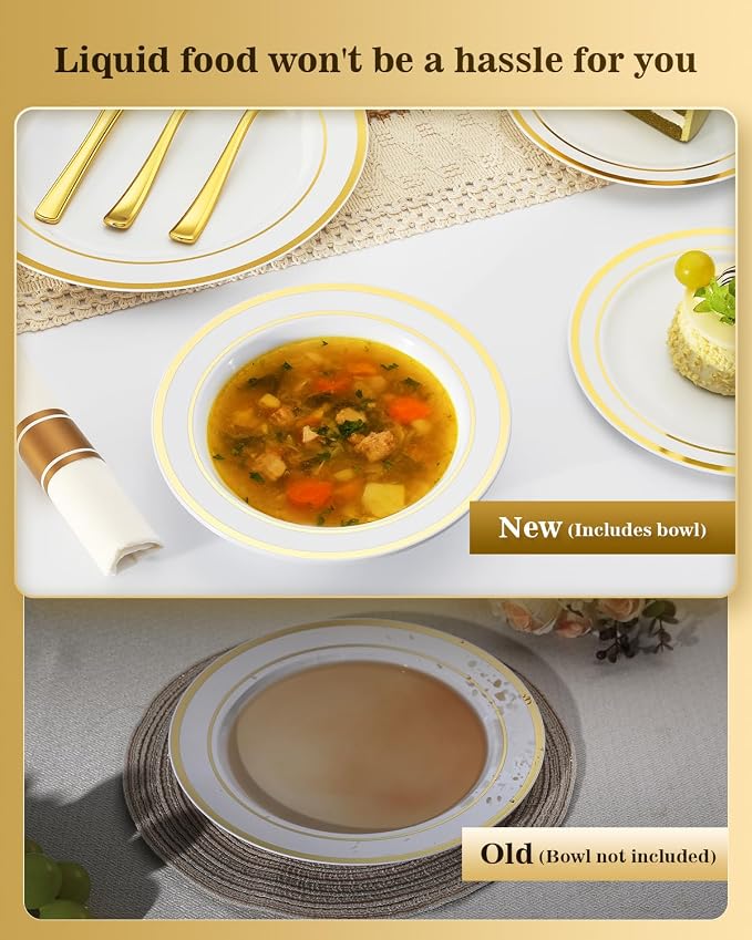 BESTVIP 400PCS Gold Plastic Dinnerware Set, Disposable Party Supplies for 50 Guests - Include 100 Plates, 50 Leak-Proof Soup Bowls, 50 Pre Rolled Napkins with Gold Silverware, 50 Cups