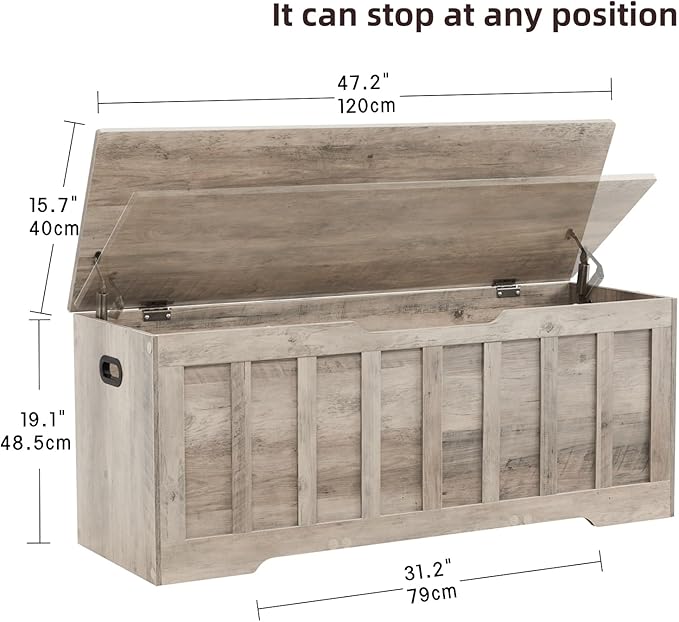 VANKILEY 47.2" Storage Chest Extra Large,Storage Trunk with 2 Safety Hinges,Wooden Storage Bench,Shoe Bench,47.2x15.7x19.1 Inch,Easy Assembly,Storage Bench for Bedroom,Living Room,entryway(Greige).