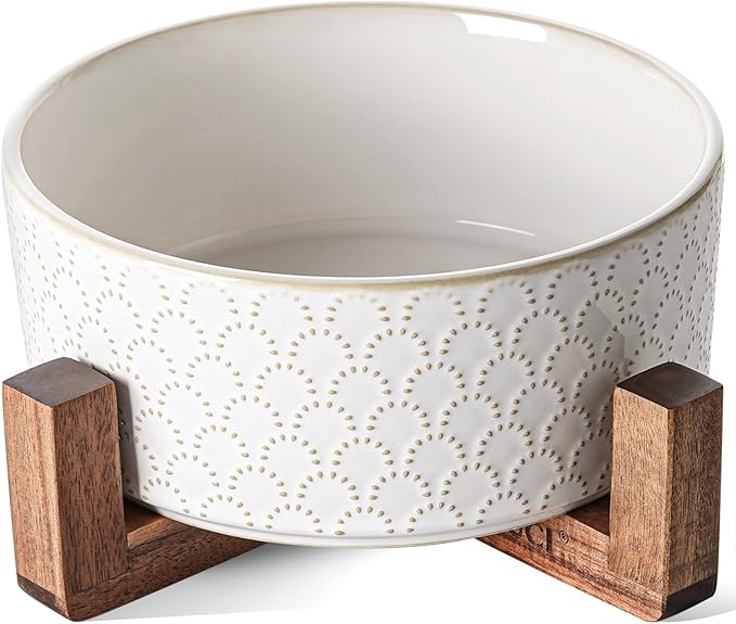 LE TAUCI Ceramic Dog Bowls for Large Dogs, 7" Elevated Water Bowl with Acacia Wood Stand, Single Set for Food & Water, Fireworks