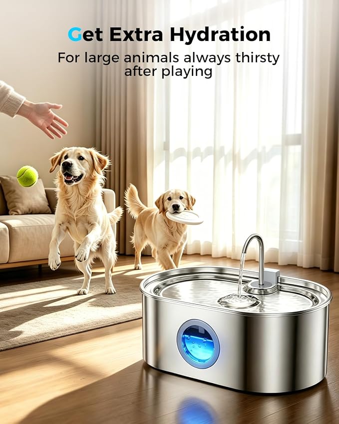 4.2Gal Extra Large Dog Water Fountain, 16L Stainless Steel Pet Water Fountain for Large Dogs, No Spill Dog Water Bowl Dispenser with Deeper Wider Bowl, 68-Cup Water Tank for Multi-Pet(with 7 Filters)
