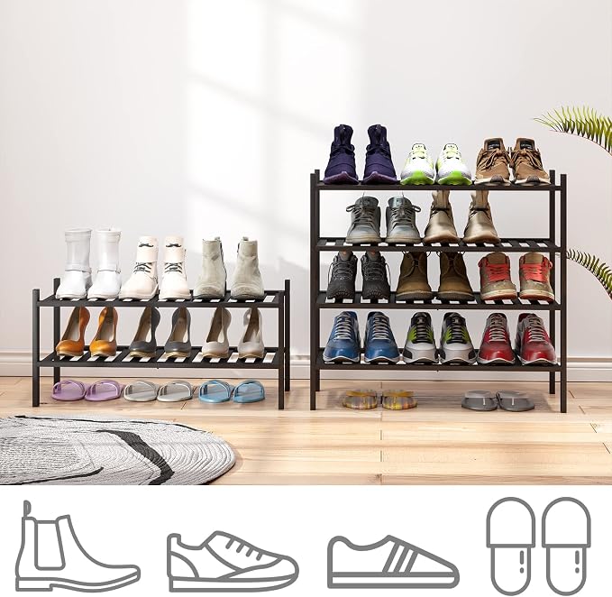 viewcare 4-Tier Black Bamboo Shoe Rack for Entryway, Stackable | Foldable | Natural, Shoe Organizer for Hallway Closet, Free Standing Shoe Racks for Indoor Outdoor