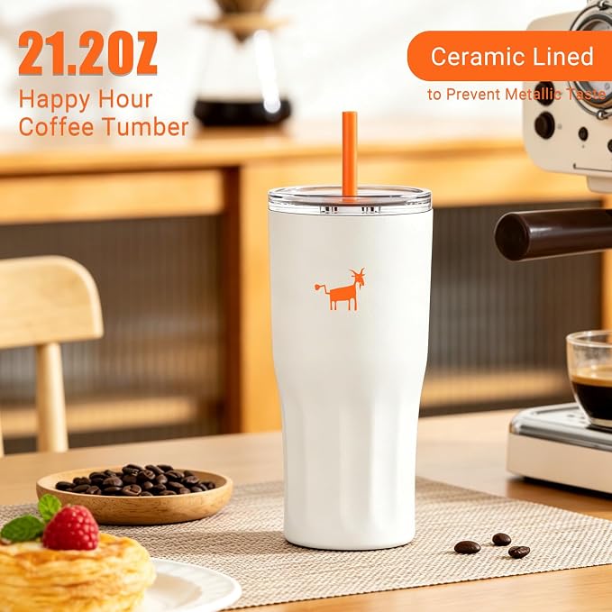 CHEERFUL GOAT Ceramic Lined Coffee Travel Mug – Stainless Steel Travel Coffee Tumbler with Ceramic Liner, with lid, 21 OZ Cup for Hot and Cold Water Coffee at Home, Office, or On the Go (White)