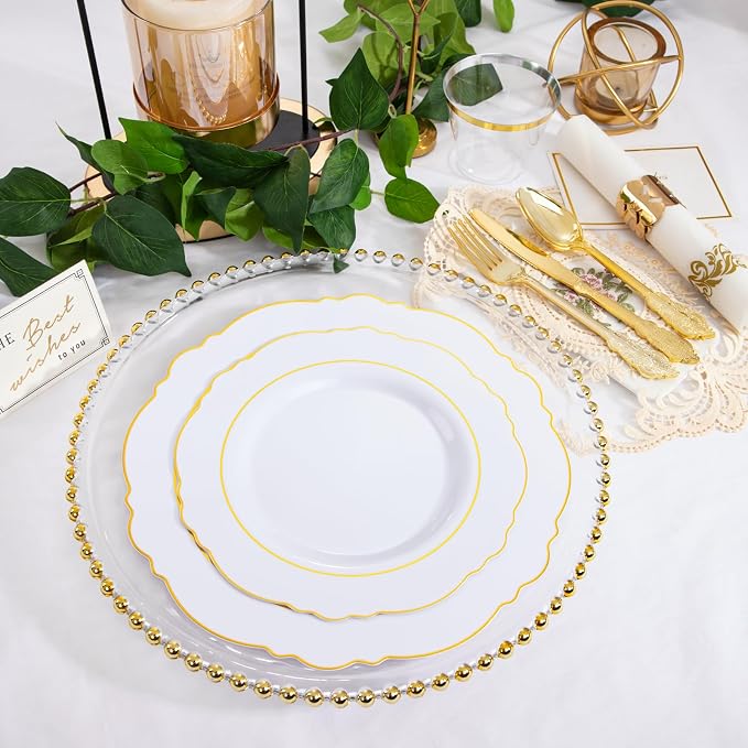 WDF Partyware 350 Pieces Gold Disposable Plates for 50 Guests, Plastic Plates for Party, Dinnerware Set of 50 Dinner Plates, 50 Salad Plate, 50 Spoons, 50 Forks, 50 Knives, 50 Cups for Wedding/Party