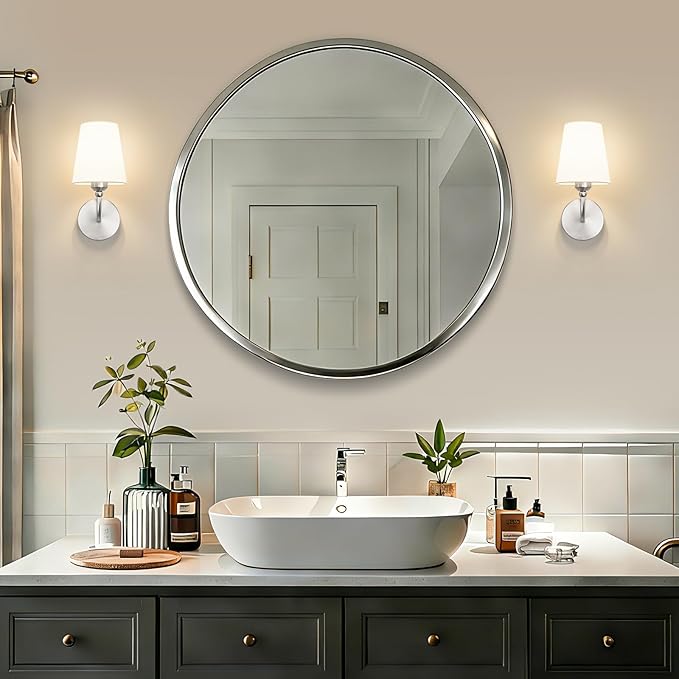 Modern Bathroom Vanity Light, Brushed Nickel Bathroom Light Fixtures, Set of 2 Lighting Fixtures Over Mirror, Modern Wall Sconce with Flared White Fabric Shade, E26 Socket(ETL Listed)