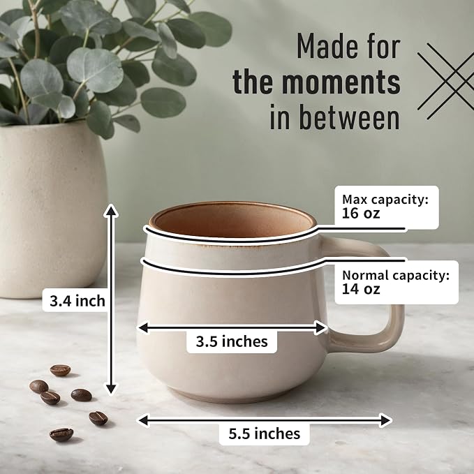 Ava Nord Large Stoneware Ceramic Coffee Mugs Set of 4-16 oz - Rose Sand | Lead-Free, Non-Toxic, Freezer - Microwave & Dishwasher Safe, Comfortable Handle, Aesthetic Nordic Design for Tea, Cappuccino