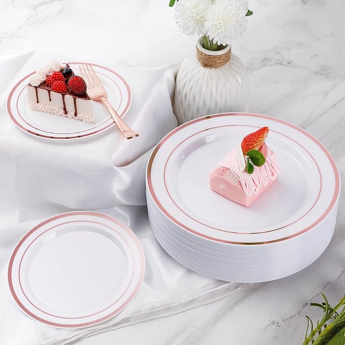Goodluck 600 Pieces Rose Gold Disposable Plates for 100 Guests, Plastic Plates for Party, Wedding, Dinnerware Set of 100 Dinner Plate, 100 Salad Plates, 100 Spoons, 100 Forks, 100 Knives, 100 Cups