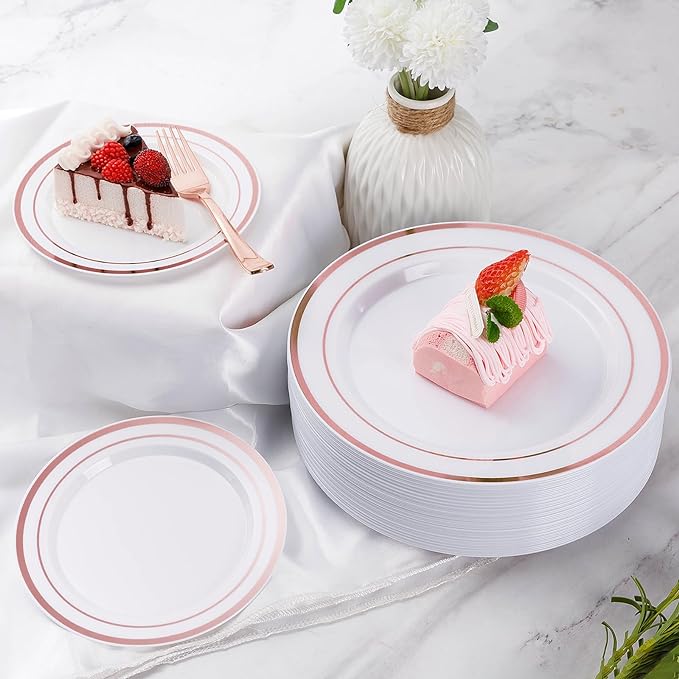 Goodluck 300 Pieces Rose Gold Disposable Plates for 50 Guests, Plastic Plates for Party, Wedding, Dinnerware Set of 50 Dinner Plate, 50 Salad Plates, 50 Spoons, 50 Forks, 50 Knives, 50 Cups