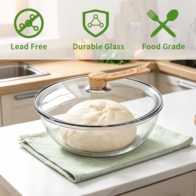 6.5 Qt Large Glass Mixing Bowl with Glass Lid, Clear Glass Bowl for Sourdough Salad Bowls with Lid & Long Handle,Thickened Glass Big Mixing Bowls Cooking Bowl for Food Prep, Kitchen,Dinner