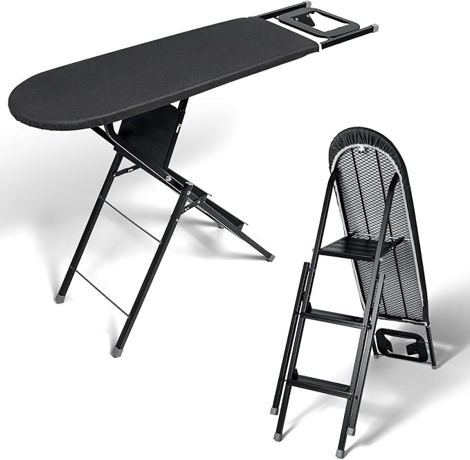 Duwee 13" ×39" Ironing Board & Ladder with Iron Rest | 2 in 1 Multifunction Ironing Boards with Heat Resistant Cover and Thicken Padding,Heavy Sturdy Legs and Foldable,Black