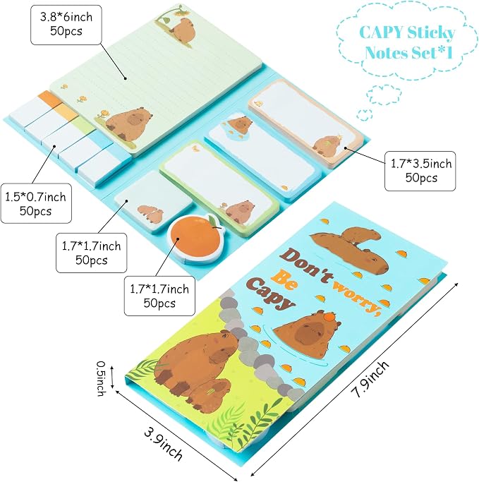 Xqumoi Don't Worry Be Capy Sticky Notes Set, 550 Sheets, CAPY and Orange Pattern Self-Stick Notes Pads Animal Divider Tabs Bundle Writing Memo Pads Back to School Office Supplies Small Gift