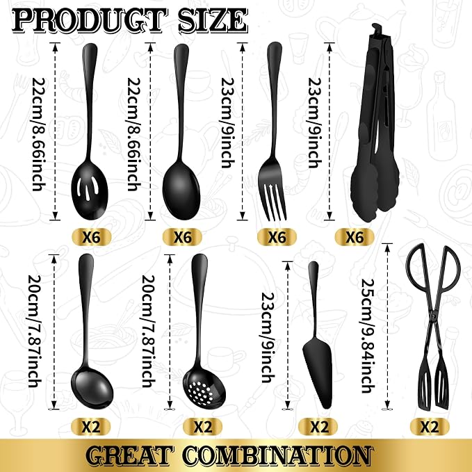 32 Piece Stainless Steel Serving Utensils Set - Complete Buffet Serving Spoons, Tongs, Ladles, Spatulas for BBQ, Parties, Weddings, Catering and Events (Black)