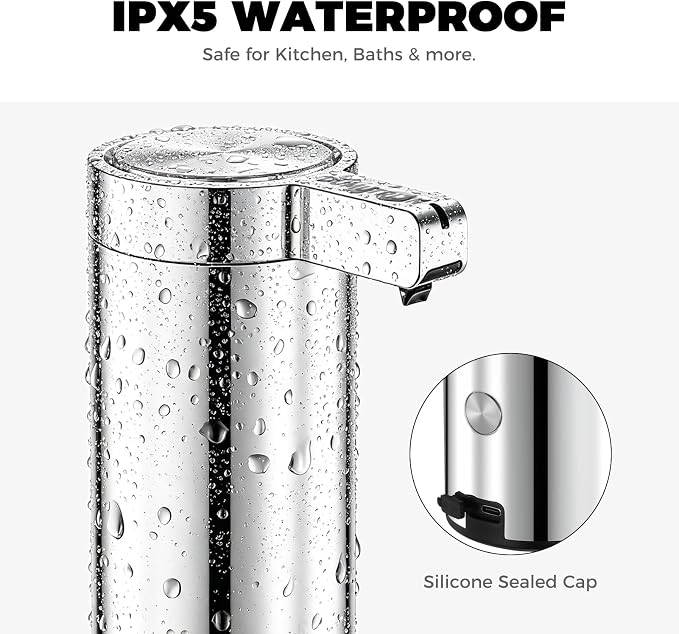 Touchless Automatic Soap Dispenser Stainless Steel with Sensor Infrared 9 oz Electric IPX5 Waterproof USB-C Charging Motion Sensor for Kitchen & Bathroom (Chrome Silvery)