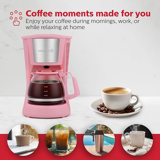 Holstein Housewares 5 Cup Drip Coffee Maker – Compact and User-Friendly with Auto Pause & Serve, Reusable Filter, Measuring Spoon & Glass Carafe, Office & Dorm Use, Pink