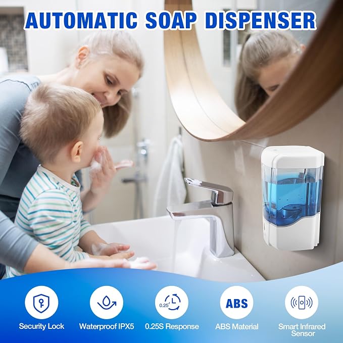 4 Pack Automatic Soap Dispenser Touchless,600 ml / 20 oz Commercial Hand Soap Dispenser,Wall Mount Hand sanitizer Dispenser for Bathroom Offices Home Kitchen Hotel,White