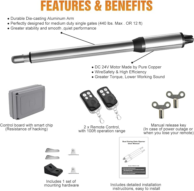 JUJIANG C01 Automatic Gate Opener with Remote Complete Kit for Swing Gate Up to 440lb 12FT per Arm, Electric Gate Openers Light Duty Dual Swing Gate Openers Automatic Gate Motor 40W AC Powered