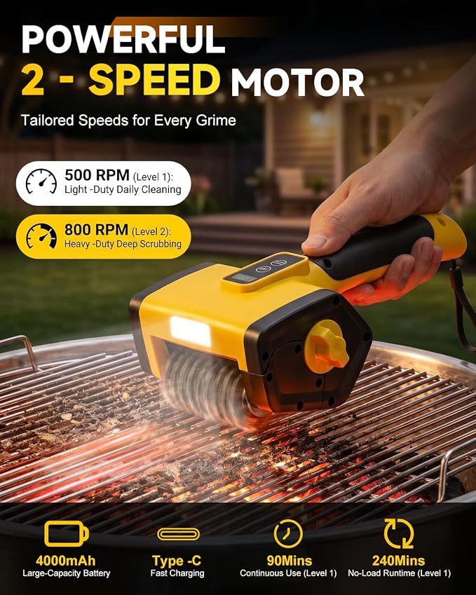 Electric Grill Brush, Cordless Rechargeable BBQ Grill Cleaner with Max 800RPM, 360° Adjustable Angle, 240-Min Runtime, 4000mAh Electric Grill Cleaning Brush with Stainless Steel Head for Outdoor Grill