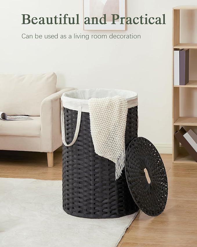 SETVSON Large Laundry Hamper Laundry Basket Round 130L, Black | Decorative PE Rattan Furniture Look for Bedroom, Round Laundry Hamper, Removable Liner Bag, 2 Mesh Bags, Handles