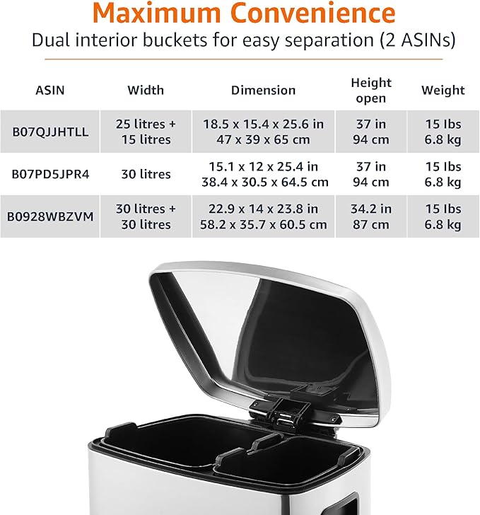 Amazon Basics Dual Compartment Recycling Trash Can with Soft-Close Lid, Fingerprint Resistant, Removable Liner Buckets, 60 Liters, Rectangular, Grey, Silver