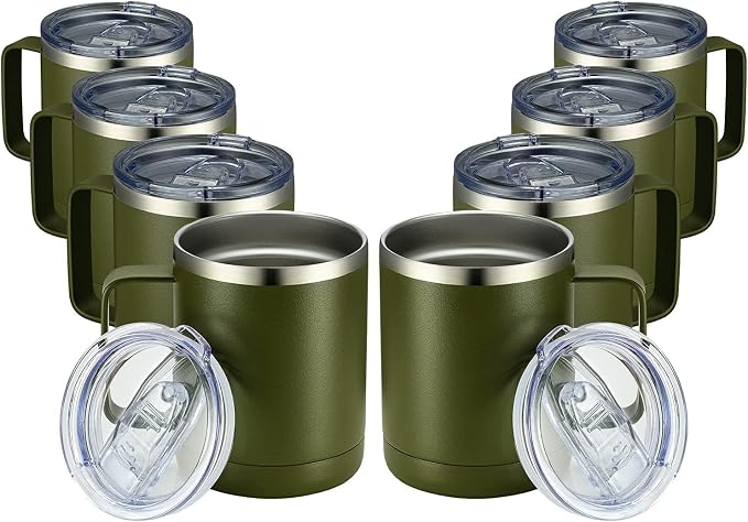 MEWAY 12oz Coffee Mug With Handle 8 Pack Bulk,Stainless Steel Insulated Travel Tumblers With Sliding Lid,Double Wall Vacuum Camping Cup for Hot & Cold Drinks Tea (Army Green,Set of 8)