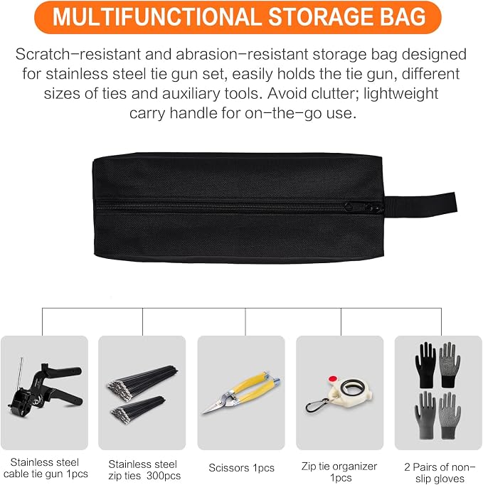 Stainless Steel Cable Tie Gun Kit：With 300pcs Uv Resistant Black Metal Zip Ties Heavy Duty Outdoor (150 Each of 8, 12 Inch) Adjustable Fastening Cutting Tie Tool Sets，for Chainlink Fence，Exhaust Wrap