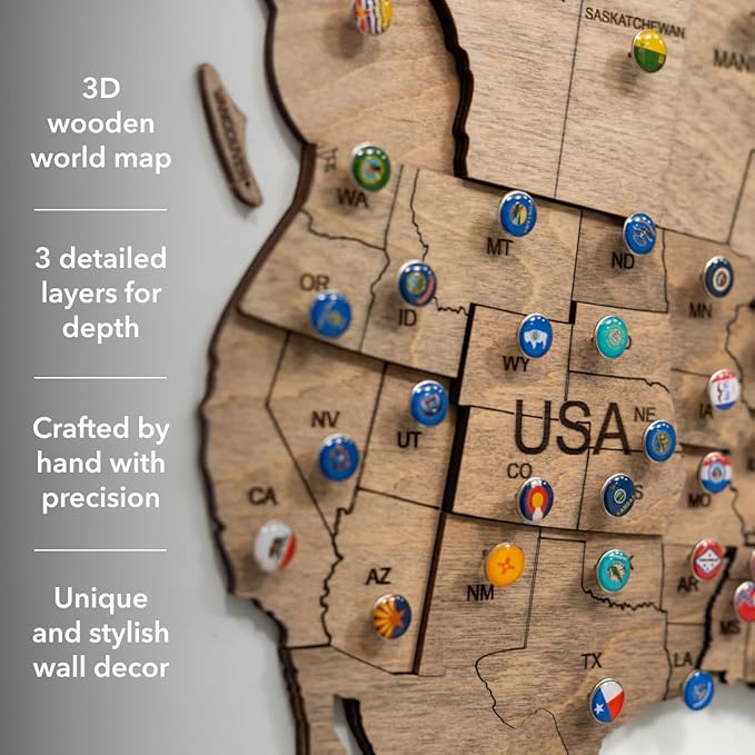 Enjoy The Wood 3D Wooden World Map Wall Art - Large Travel Map with Pins for Art Decor - Decorative Map of the World for Home, Office - Travel Wall Art Housewarming Gift Idea (Terra, XL, Unframed)