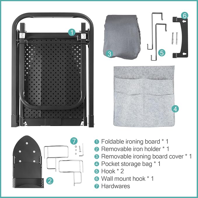 Seiritex Over the Door Ironing Board 13x36 inches with Iron Holder and Pocket Storage Bag, Hanging Iron Board for Home Laundry Room, Black