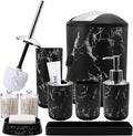 XLHOMO Black Marble Bathroom Accessories Set, Black Bathroom Set with Trash Can, Vanity Tray, Soap Dispenser, Soap Dish, Toothbrush Holder, Toothbrush Cup, Toilet Brush and Qtip Holders for Bathroom