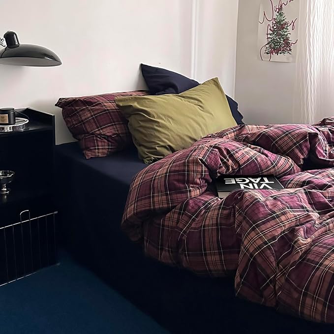 mixinni Vintage Burgundy Buffalo Plaid Comforter Cover Set Queen Size - 3 Piece Mid-Century Modern Washed Cotton Bedding, Soft Breathable Grid Duvet Cover with Matching Pillowcases for All-Season