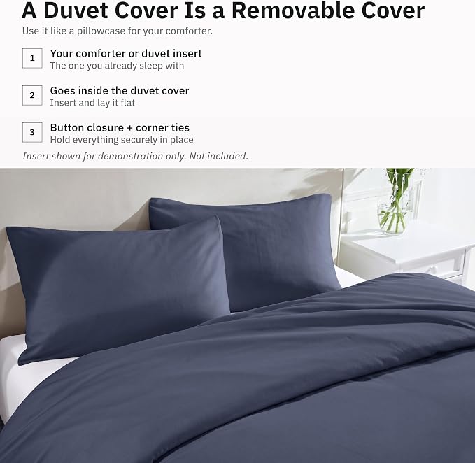 California Design Den 3 Pc Full/Queen Duvet Cover Set - Winner Good Housekeeping Best Bedding Awards 2025, 400 Thread Count Sateen, 100% Cotton, Button Closure, Corner Ties - Indigo Dusty Blue